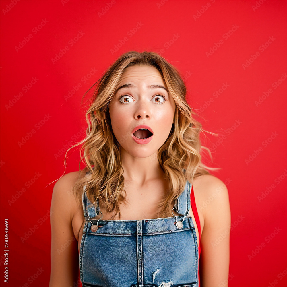 Surprised Woman.  Generated Image.  A digital rendering of a very surprised young woman with a solid color background.