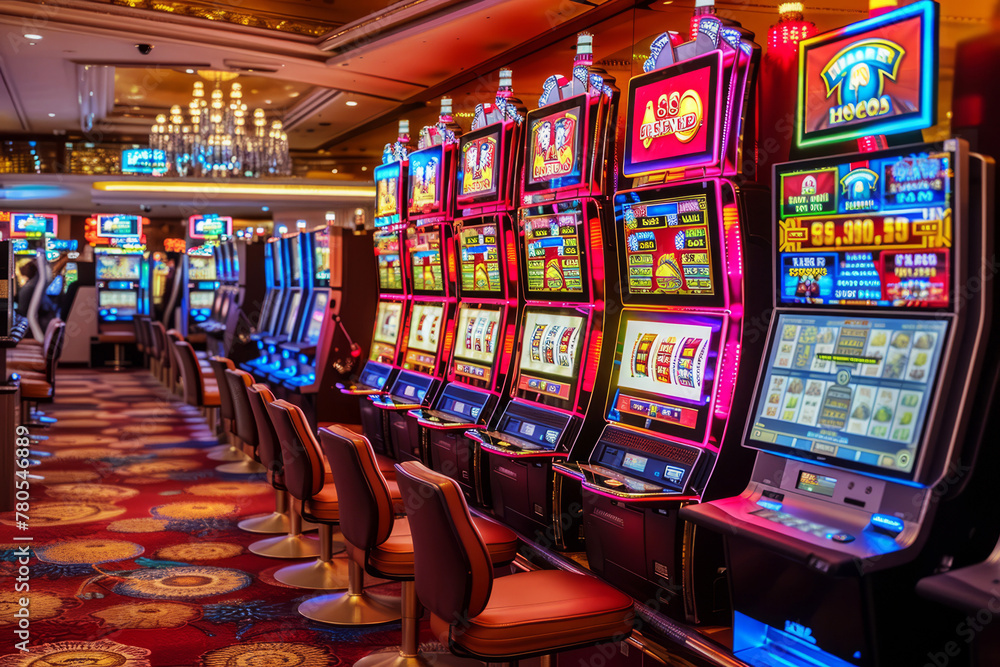 Vibrant and colorful casino floor with a row of slot machines