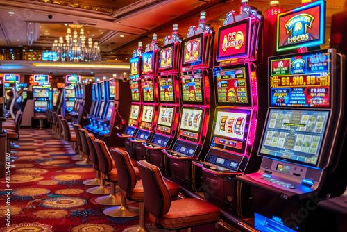 Vibrant and colorful casino floor with a row of slot machines