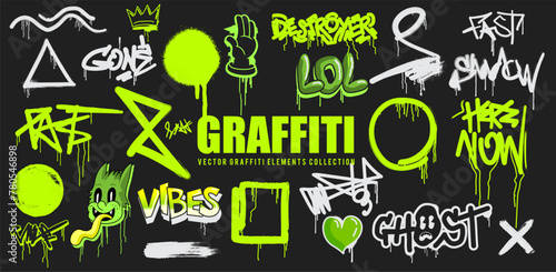 A vector set of graffiti elements with grunge texture tags and signs. Vector illustration © James Thew