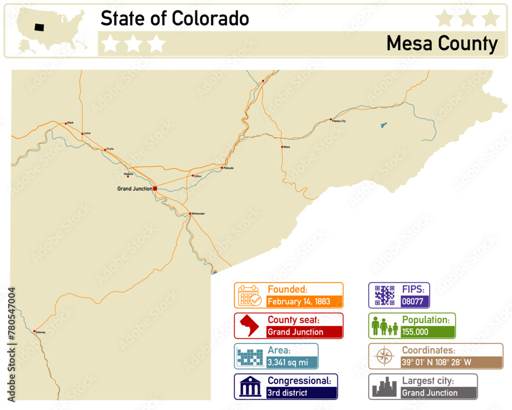 Detailed infographic and map of Mesa County in Colorado USA.