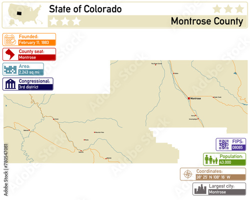 Detailed infographic and map of Montrose County in Colorado USA. photo