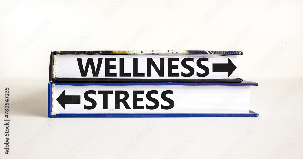 Wellness or stress symbol. Concept word Wellness or Stress on beautiful books. Beautiful white table white background. Healthy and Wellness or stress concept. Copy space. - obrazy, fototapety, plakaty 