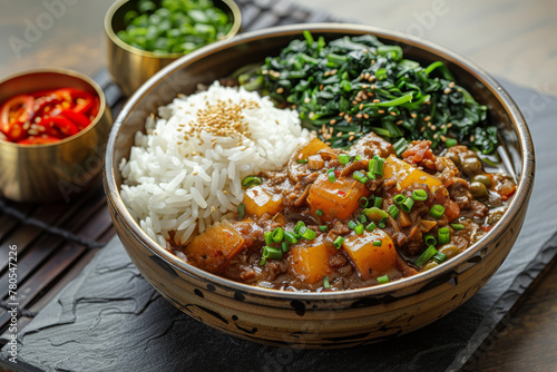 Authentic Asian-Style Vegan Curry Bowl with Rice and Greens