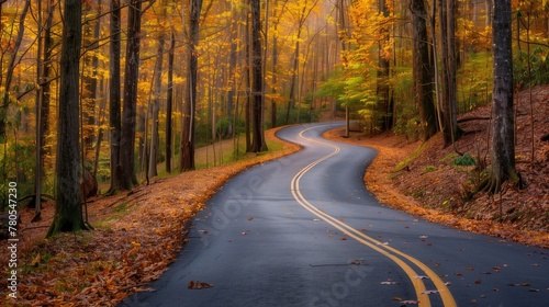 Create a captivating image that captures the beauty of a road winding through a forest during the fall season. 