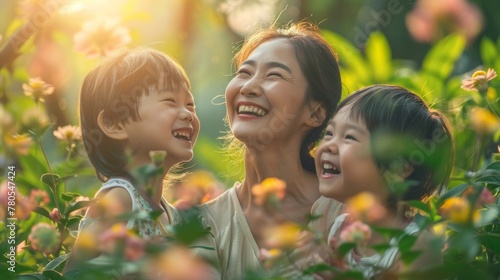A captivating portrait showcasing a mother and her children laughing joyfully together, their eyes sparkling with happiness and affection, against a backdrop of vibrant colors and playful patterns