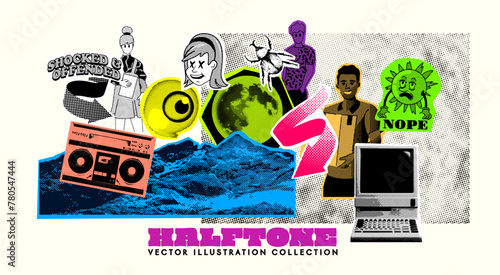 Set of objects including people and technology halftone grunge asset collection. Vector pop art. © James Thew