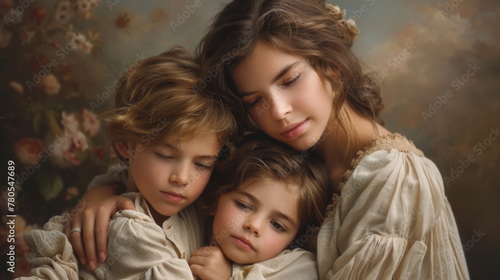 A serene portrait showcasing a mother and her children sitting together in quiet contemplation, their expressions serene and introspective, against a backdrop of tranquil natural beauty