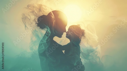 A minimalist composition featuring a mother and her child sharing a loving embrace, their silhouettes outlined against a backdrop of soft, diffused light, symbolizing the bond of love and protection photo