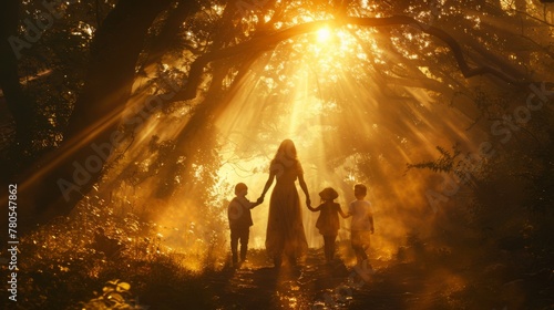 An evocative image featuring a mother and her children walking hand in hand through a sun-dappled forest, their silhouettes framed by towering trees and golden rays of sunlight
