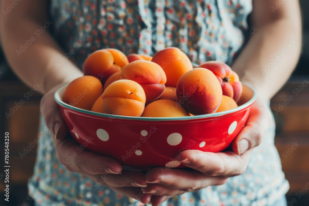 Woman Holding Bowl of Fresh Apricots in Polka Dot Bowl