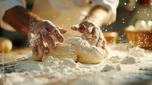 Palms gently patting down rising dough on a floured surface ,close-up,ultra HD,digital photography