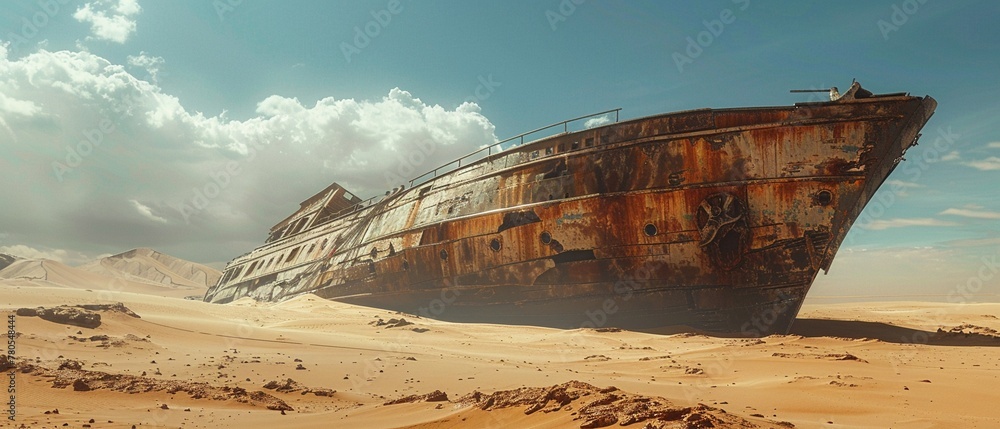The remains of the ship lie half buried in the desert, a haunting reminder of a bygone era of exploration and adventure ,3DCG,high resulution,clean sharp focus