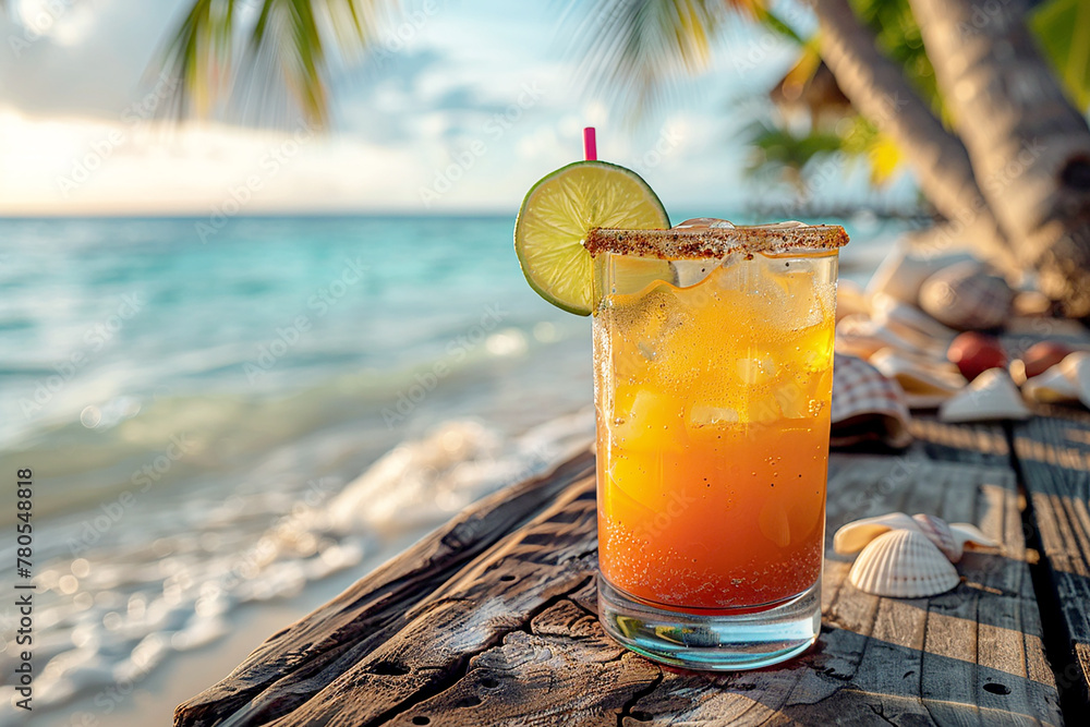 Tropical cocktail at the counter of a beach bar on the ocean. Summer ...