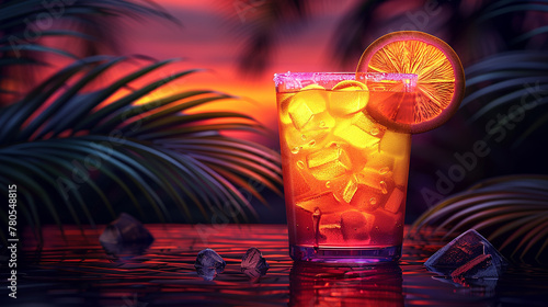 Tropical cocktail in neon light on the night beach. Summer vacation aesthetics. Drinks with a tropical twist