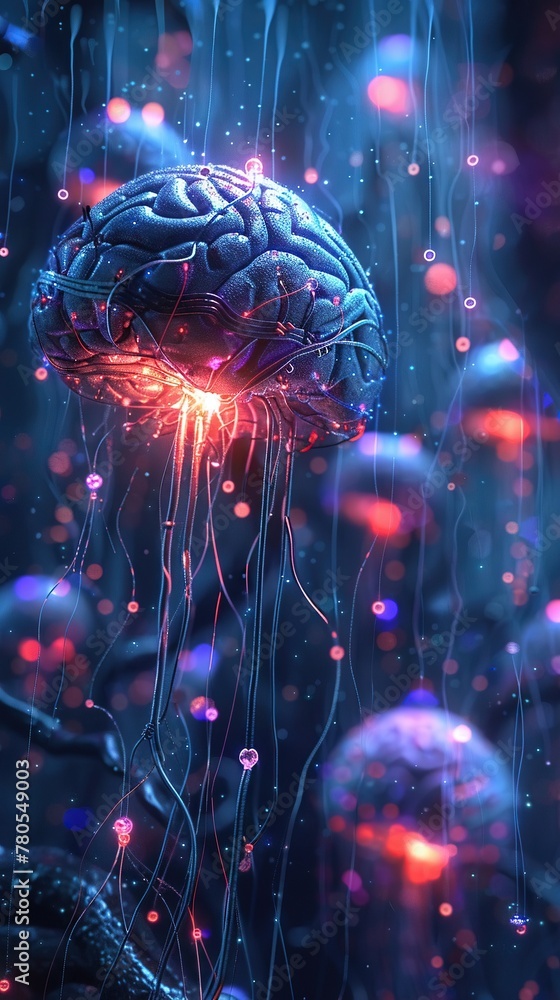 Neural Implant Device, glowing LED lights, connected to a human brain Dystopian landscape, 3D render, Chromatic Aberration Neural Implant Device, glowing LED lights, connected to a human brain Dystopian landscape, 3D render, Chromatic Aberration