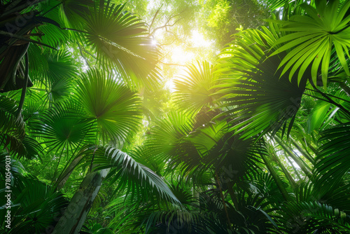 Sunlight Streaming Through Lush Green Rainforest Canopy