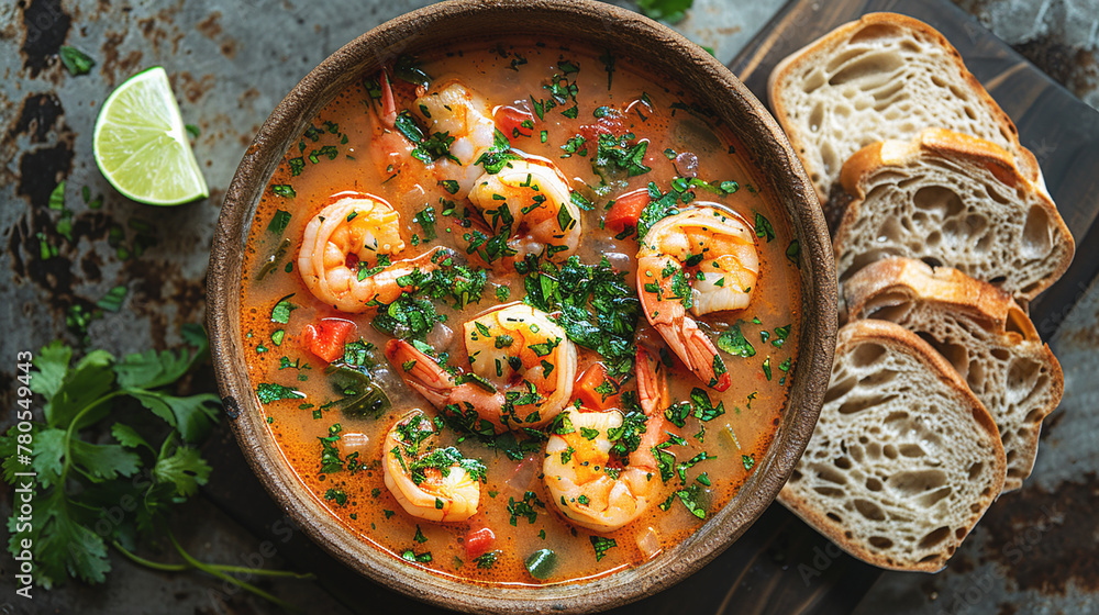 Coconut shrimp soup served in a bowl with bread and lime. Food with a tropical twist