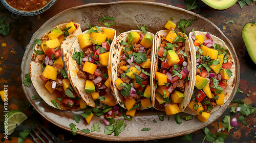 Mango and avocado tacos. Food with a tropical holiday twist