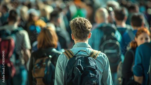 An individual with a backpack stands amidst a bustling crowd, seemingly isolated and introspective amidst the urban flurry