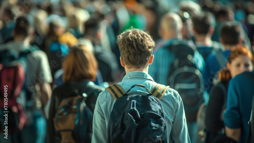 An individual with a backpack stands amidst a bustling crowd, seemingly isolated and introspective amidst the urban flurry photo