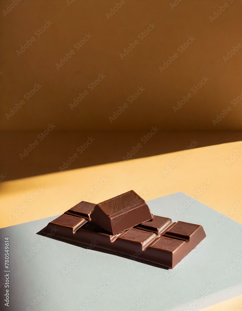 A highcacao content chocolate bar with one piece slightly broken off