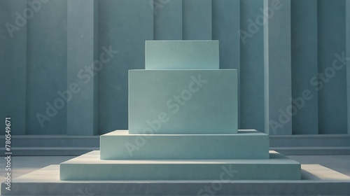 light blue pastel background with square podium on the center with sunlight rays from Generative AI