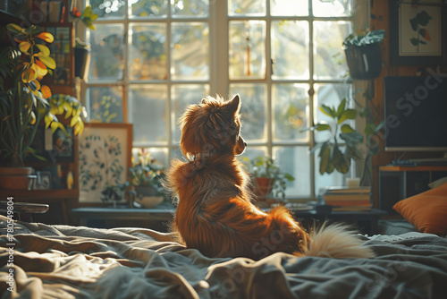 A carnivore sitting on a bed near a window, staring outside