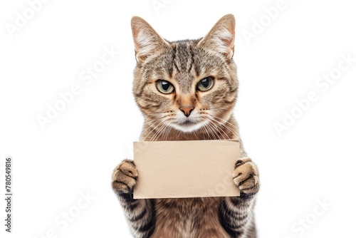cat holding a sign or banner, isolated on a white background