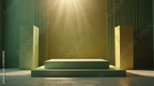 yellow green pastel background with square podium on the center with sunlight rays from Generative AI