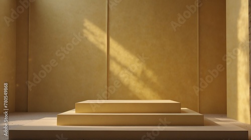 yellow pastel background with square podium on the center with sunlight rays from Generative AI