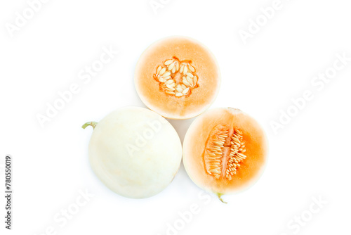 Fresh Honeydew melon fruit and sliced half isolated on white background, Ripe honeydew melon 