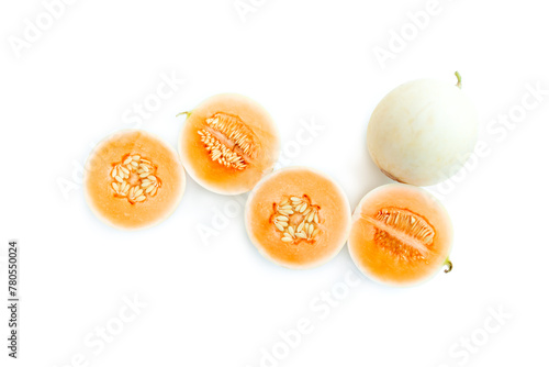 Fresh Honeydew melon fruit and sliced half isolated on white background, Ripe honeydew melon	