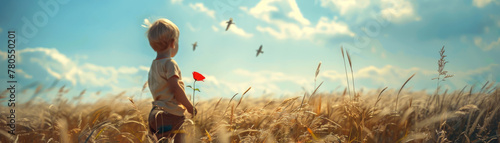 Child in Wheat Field Holding Red Flower with Flying Birds at Sunset