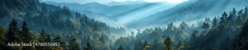 Misty Mountain Forest Panorama at Sunrise