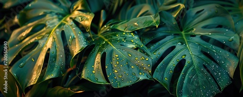 Close-up lush green monstera leaves adorned with rain or dew drops in a tropical setting at dawn