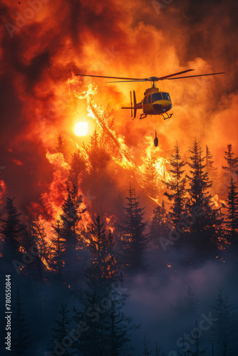 Helicopter Battling Intense Wildfire Amidst Forest Inferno