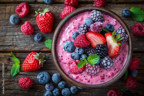 Hearty smoothie bowl, mixed berries, top view, rustic wooden table, natural light, soft focus. photo