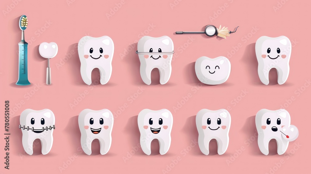 A set of cartoonish teeth with a toothbrush and a dental floss