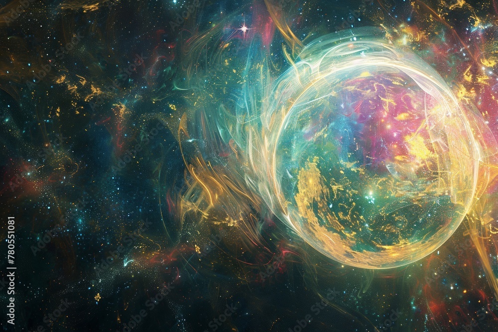 Obraz premium A glowing orb floating in the depths of space. The sky's glow casts intricate patterns of light among the stars and nebulae in the universe.