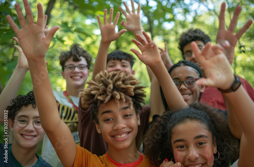 A group of young people are smiling and waving their hands in front, showing the different ethnicities and skin tones that make up one community.