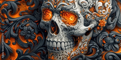 skull illustration with intricate details and orange flame details