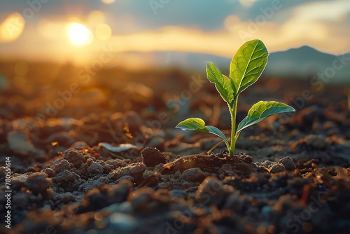 Medium shot, plant growth in warm soil, rich brown tones, soft sunlight, emotional nurturing scene