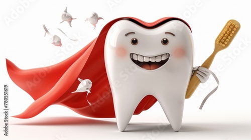 A toothbrush is holding a toothbrush in a red cape