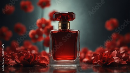 red petals background with beautiful glass for womens perfume bottle from Generative AI