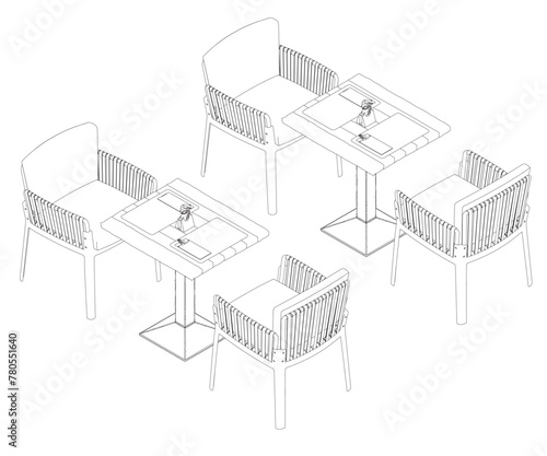 Outline of chairs and a tables with forks, knives and napkins. Isometric View. 3D.
