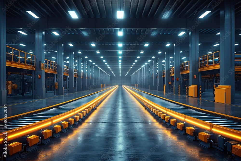 Symmetrical warehouse in metropolis with electric blue conveyor belt track - obrazy, fototapety, plakaty 