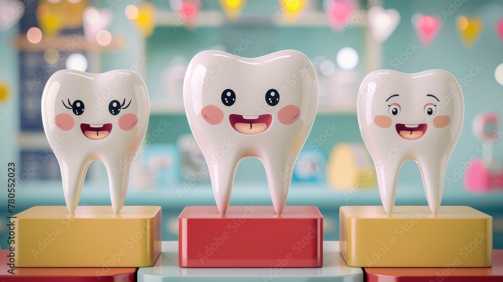Obraz premium Three cartoon teeth are standing on a red and yellow platform