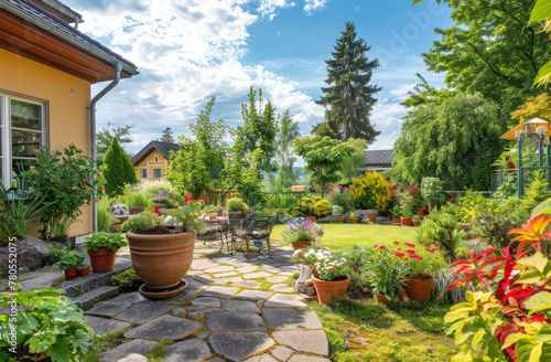A beautiful backyard with a stone patio, seating area and flower beds in the background under a blue sky on a sunny day, with garden tools nearby, a beautiful home