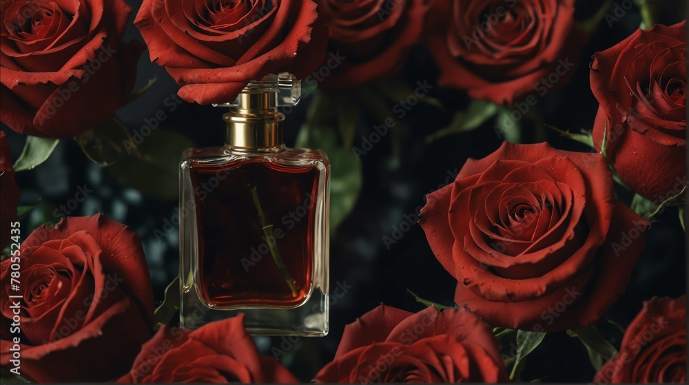 red roses background with beautiful glass for womens p bf--de-bf-deafield background with beautiful glass for womens perfume bottle from Generative AI red roses background with beautiful glass for womens p bf--de-bf-deafield background with beautiful glass for womens perfume bottle from Generative AI